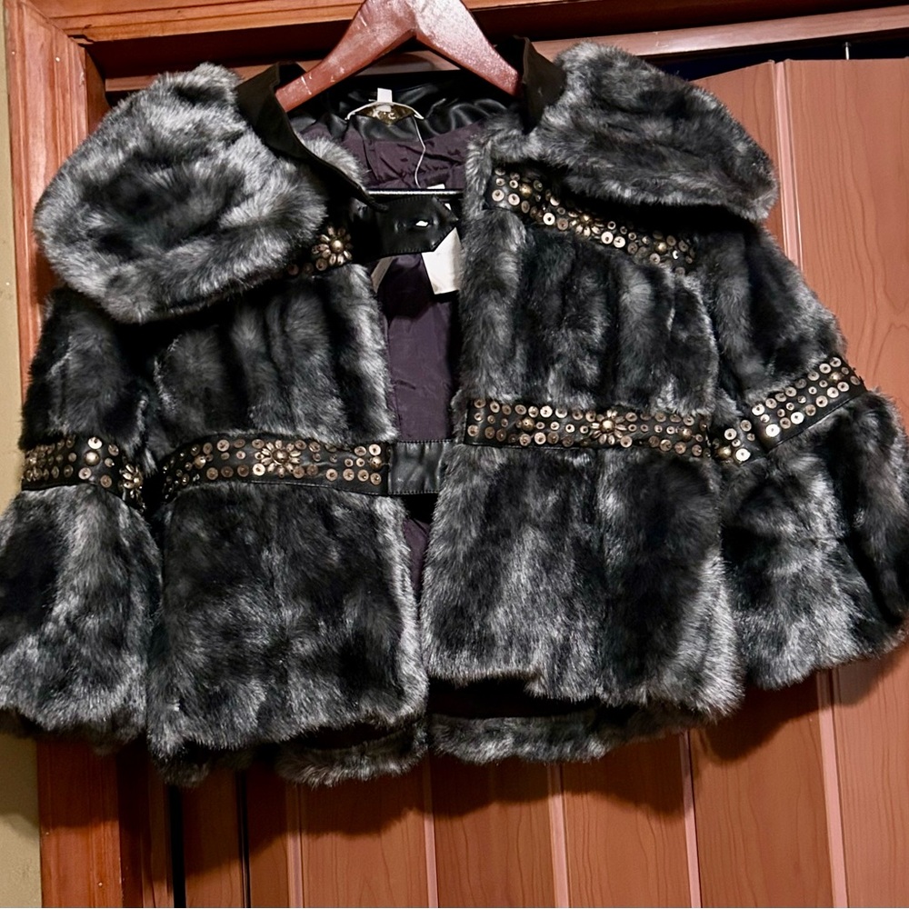 ExEX FAUX FUR 3 button grey jacket size 40